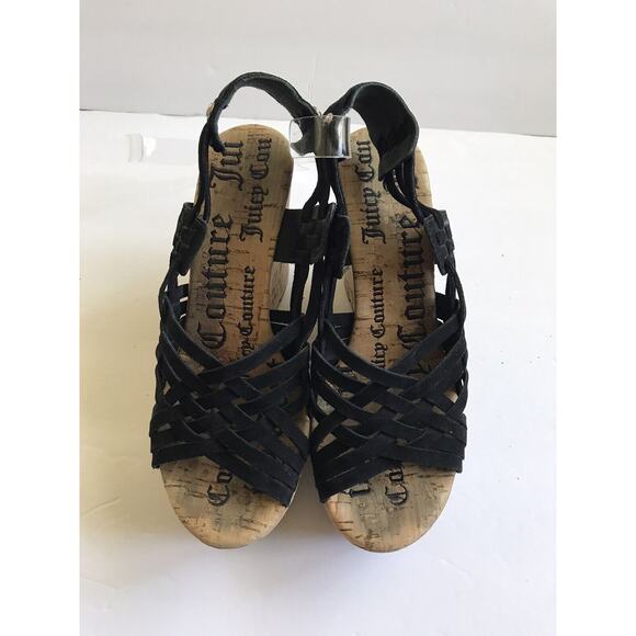 Juicy Couture Women's 6.5 Suede Cork Strappy Black Wedge Sandals Y2K Boho Retro - Picture 4 of 13